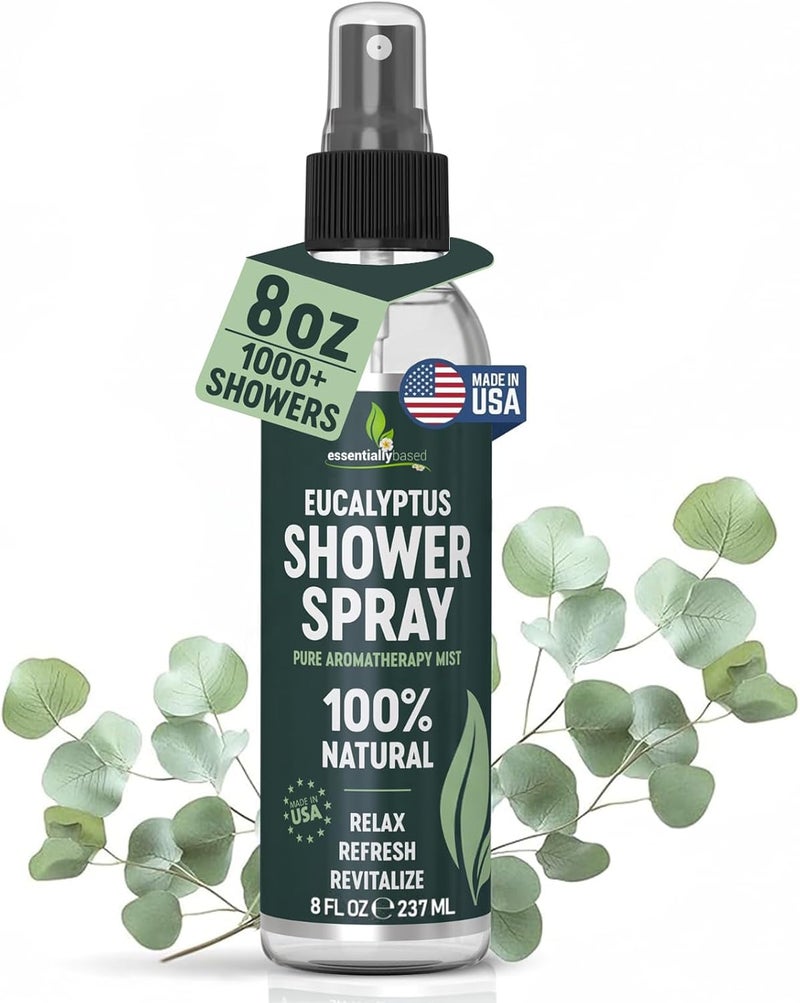 essentiallybased Pure Eucalyptus Shower Spray Big (8oz) - 100% Pure and Organic Oil - Eucalyptus Spray for Shower, Sauna and Spa - Steam Room Oil - Made in USA - Big (8oz) - Image 1